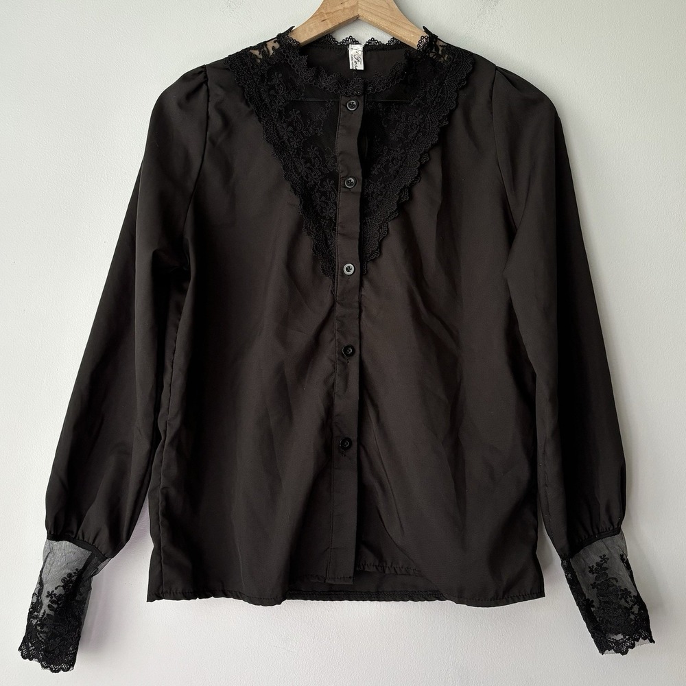 Lace Blouse Small Black Button Up Shirt Long Sleeves Goth Whimsigoth Emo Witchy
